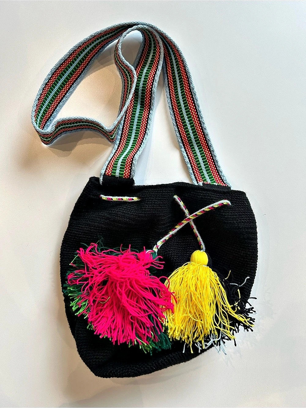 Handmade Wayuu Style Black Crochet Bucket Bag Multicolor Tassels